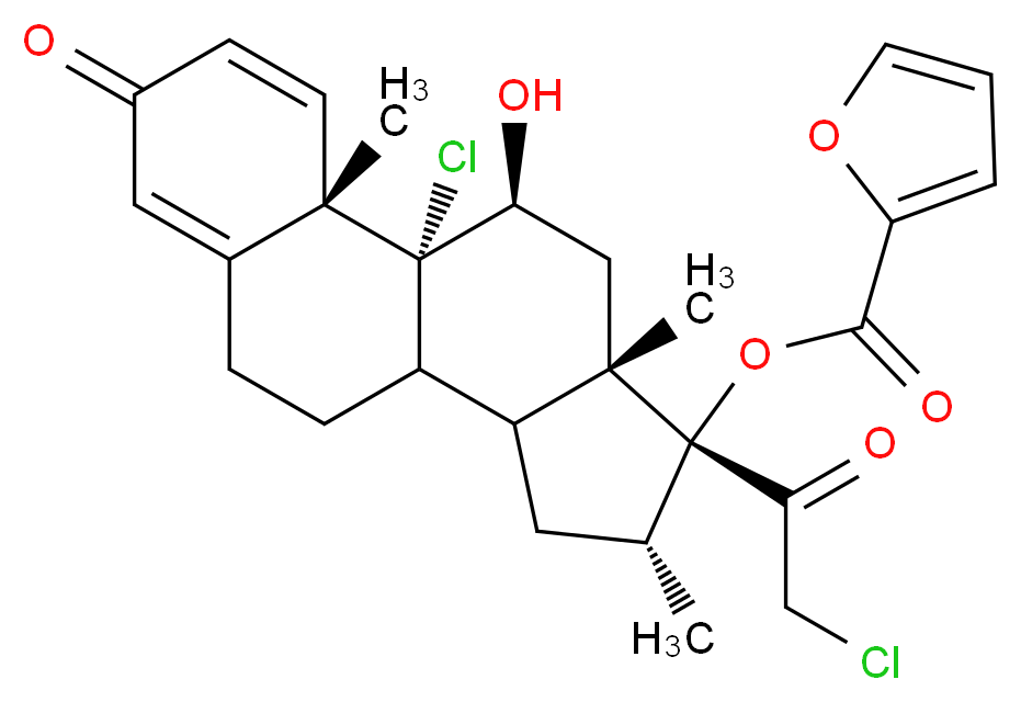 (1R,2S,13R,14R,15S,17S)-1-chloro-14-(2-chloroacetyl)-17-hydroxy-2,13,15-trimethyl-5-oxotetracyclo[8.7.0.0<sup>2</sup>,<sup>7</sup>.0<sup>1</sup><sup>1</sup>,<sup>1</sup><sup>5</sup>]heptadeca-3,6-dien-14-yl furan-2-carboxylate_分子结构_CAS_83919-23-7