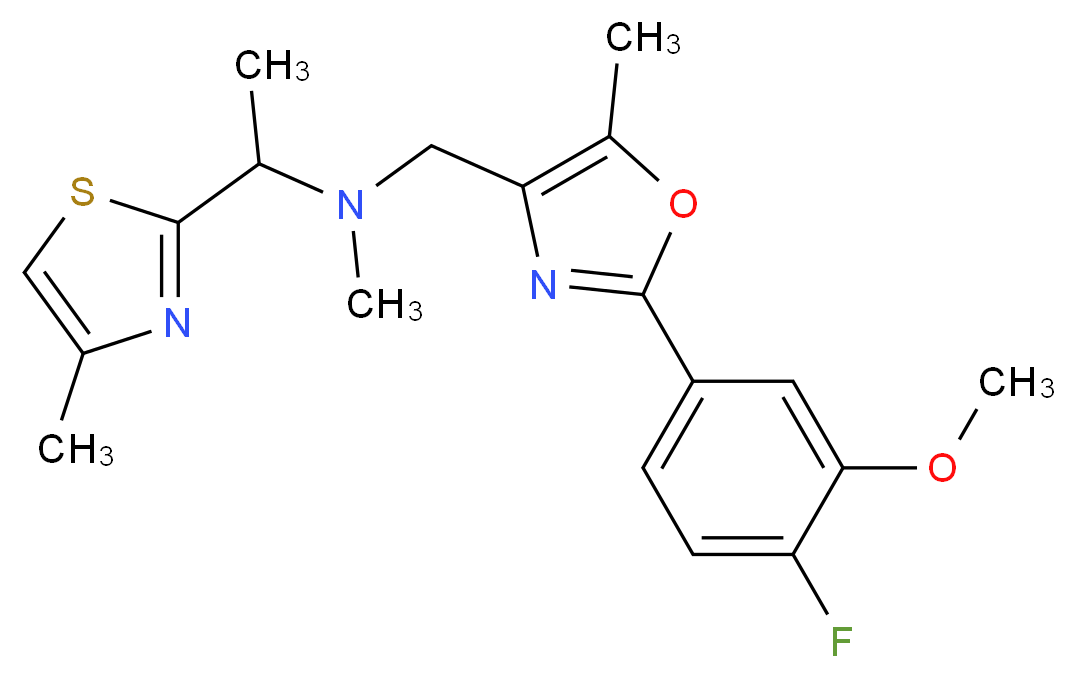 N-{[2-(4-fluoro-3-methoxyphenyl)-5-methyl-1,3-oxazol-4-yl]methyl}-N-methyl-1-(4-methyl-1,3-thiazol-2-yl)ethanamine_分子结构_CAS_)