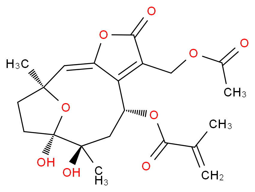 (1S,2E,8R,10R,11R)-6-[(acetyloxy)methyl]-10,11-dihydroxy-1,10-dimethyl-5-oxo-4,14-dioxatricyclo[9.2.1.0<sup>3</sup>,<sup>7</sup>]tetradeca-2,6-dien-8-yl 2-methylprop-2-enoate_分子结构_CAS_76248-63-0