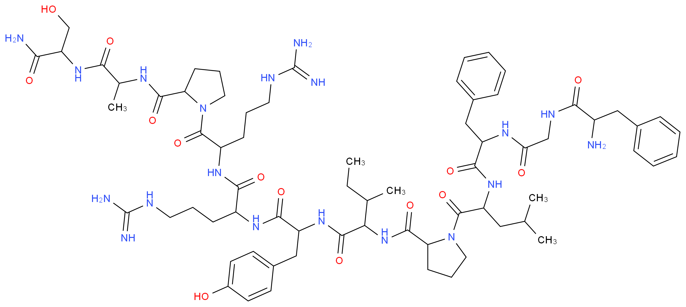 2-{[1-(2-{2-[2-(2-amino-3-phenylpropanamido)acetamido]-3-phenylpropanamido}-4-methylpentanoyl)pyrrolidin-2-yl]formamido}-N-(1-{[4-carbamimidamido-1-({5-carbamimidamido-1-[2-({1-[(1-carbamoyl-2-hydroxyethyl)carbamoyl]ethyl}carbamoyl)pyrrolidin-1-yl]-1-oxopentan-2-yl}carbamoyl)butyl]carbamoyl}-2-(4-hydroxyphenyl)ethyl)-3-methylpentanamide_分子结构_CAS_64704-41-2