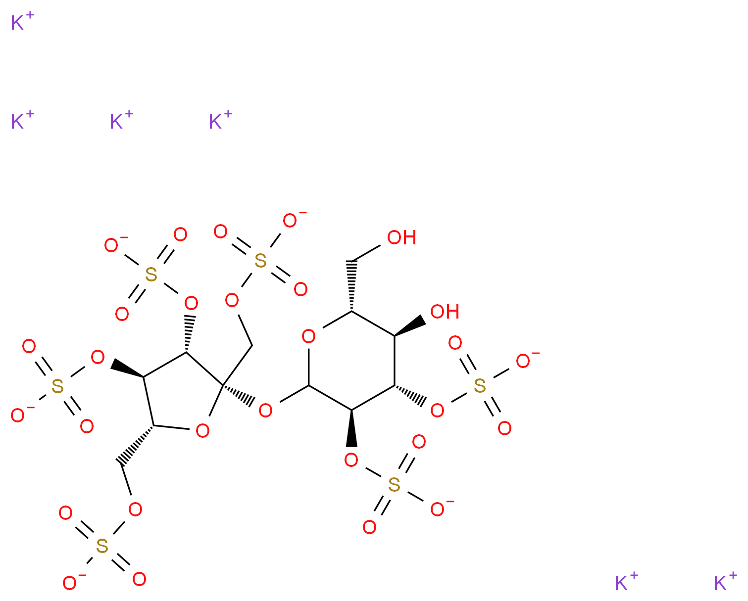 hexapotassium (2S,3S,4R,5R)-2-{[(3R,4S,5R,6R)-5-hydroxy-6-(hydroxymethyl)-3,4-bis(sulfonatooxy)oxan-2-yl]oxy}-4-(sulfonatooxy)-2,5-bis[(sulfonatooxy)methyl]oxolan-3-yl sulfate_分子结构_CAS_386229-70-5