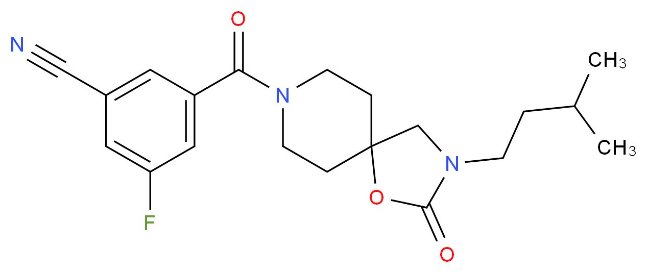 3-fluoro-5-{[3-(3-methylbutyl)-2-oxo-1-oxa-3,8-diazaspiro[4.5]dec-8-yl]carbonyl}benzonitrile_分子结构_CAS_)