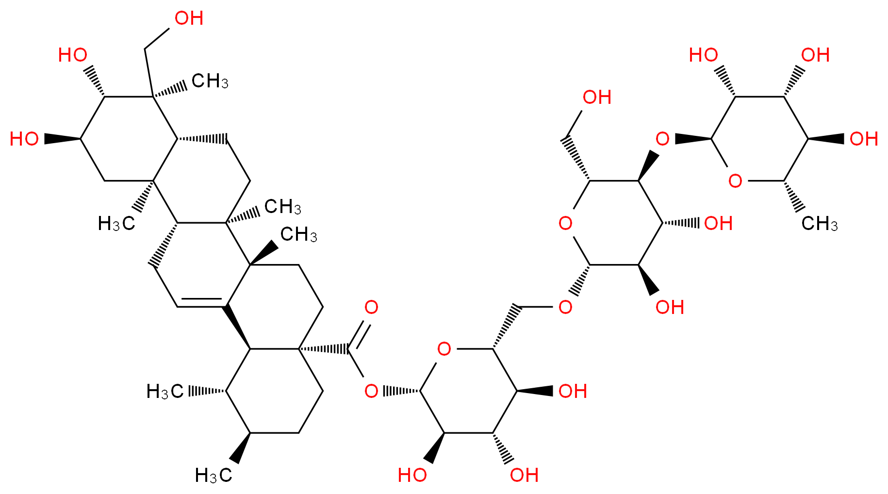 (2S,3R,4S,5S,6R)-6-({[(2R,3R,4R,5S,6R)-3,4-dihydroxy-6-(hydroxymethyl)-5-{[(2S,3R,4R,5R,6S)-3,4,5-trihydroxy-6-methyloxan-2-yl]oxy}oxan-2-yl]oxy}methyl)-3,4,5-trihydroxyoxan-2-yl (1S,2R,4aS,6aS,6bR,8aR,9R,10R,11R,12aR,12bR,14bS)-10,11-dihydroxy-9-(hydroxymethyl)-1,2,6a,6b,9,12a-hexamethyl-1,2,3,4,4a,5,6,6a,6b,7,8,8a,9,10,11,12,12a,12b,13,14b-icosahydropicene-4a-carboxylate_分子结构_CAS_16830-15-2