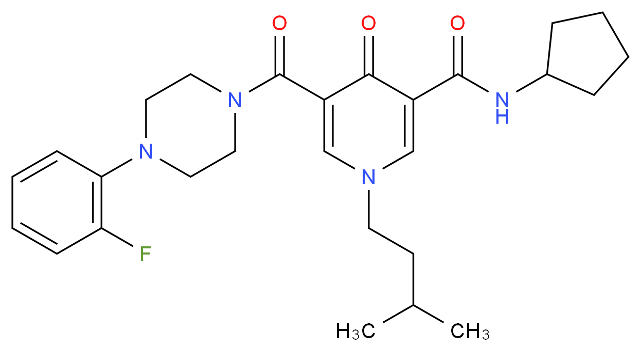 N-cyclopentyl-5-{[4-(2-fluorophenyl)-1-piperazinyl]carbonyl}-1-(3-methylbutyl)-4-oxo-1,4-dihydro-3-pyridinecarboxamide_分子结构_CAS_)