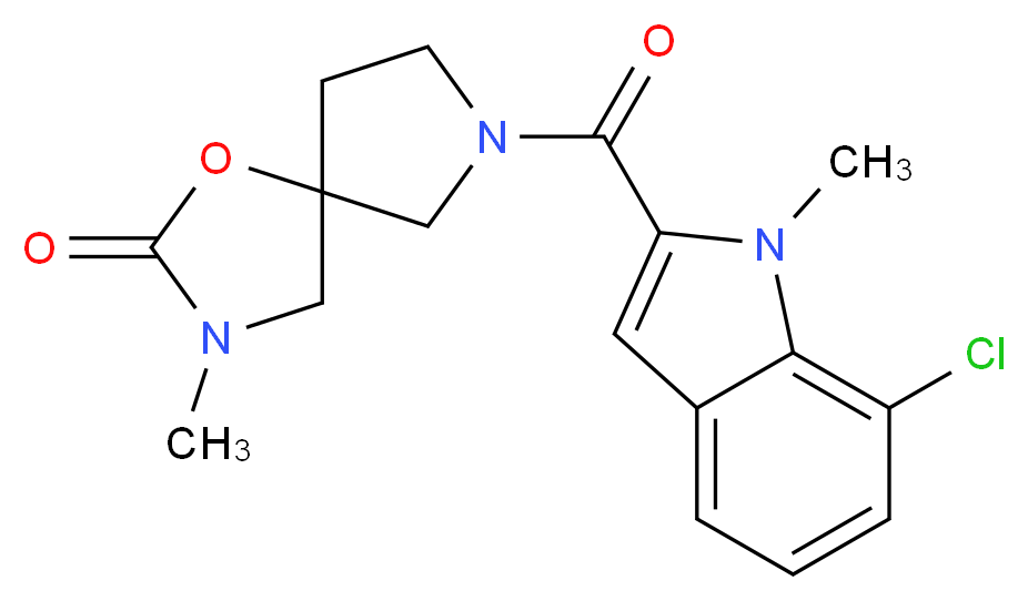 7-[(7-chloro-1-methyl-1H-indol-2-yl)carbonyl]-3-methyl-1-oxa-3,7-diazaspiro[4.4]nonan-2-one_分子结构_CAS_)