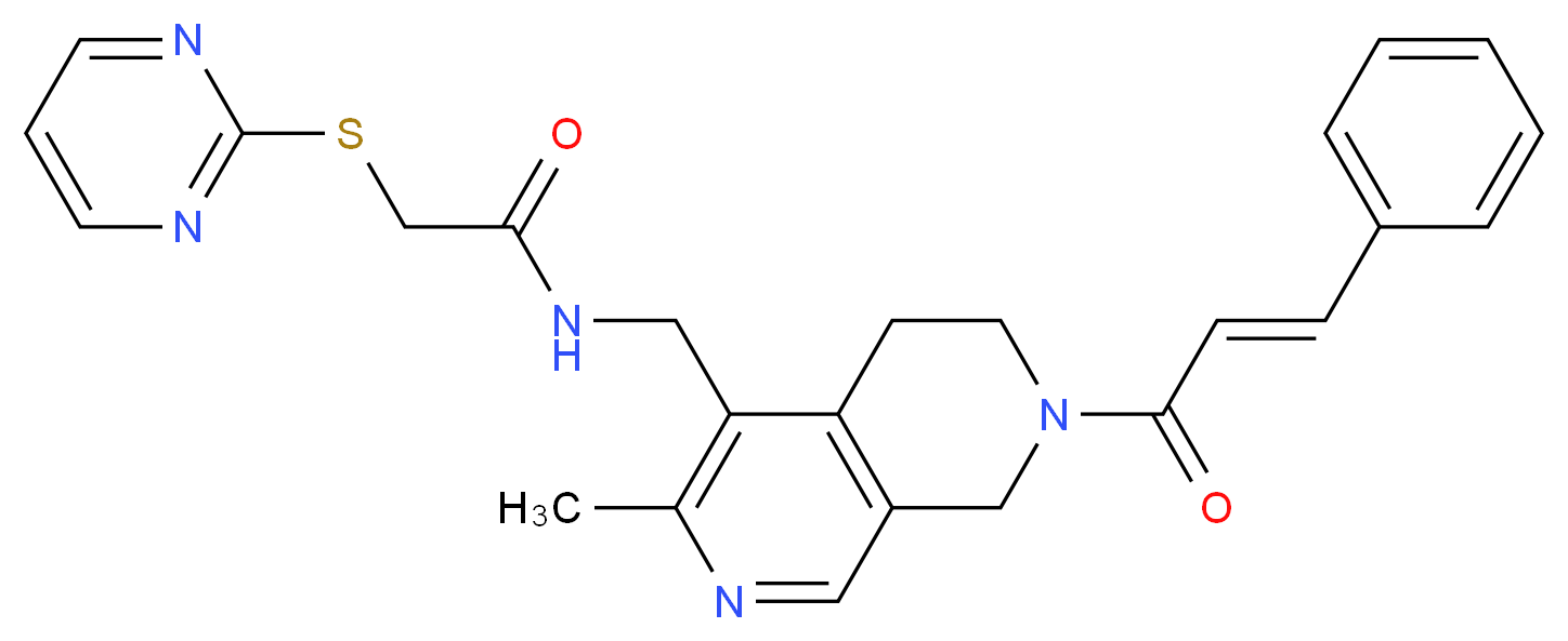 N-({3-methyl-7-[(2E)-3-phenyl-2-propenoyl]-5,6,7,8-tetrahydro-2,7-naphthyridin-4-yl}methyl)-2-(2-pyrimidinylthio)acetamide_分子结构_CAS_)