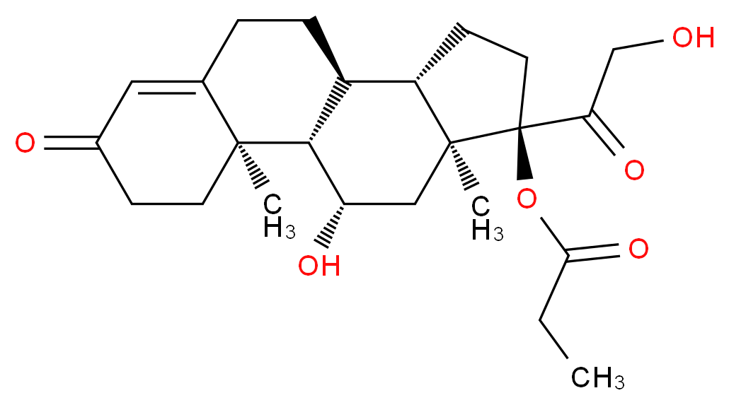 (1S,2R,10S,11S,14R,15S,17S)-17-hydroxy-14-(2-hydroxyacetyl)-2,15-dimethyl-5-oxotetracyclo[8.7.0.0<sup>2</sup>,<sup>7</sup>.0<sup>1</sup><sup>1</sup>,<sup>1</sup><sup>5</sup>]heptadec-6-en-14-yl propanoate_分子结构_CAS_65980-97-4