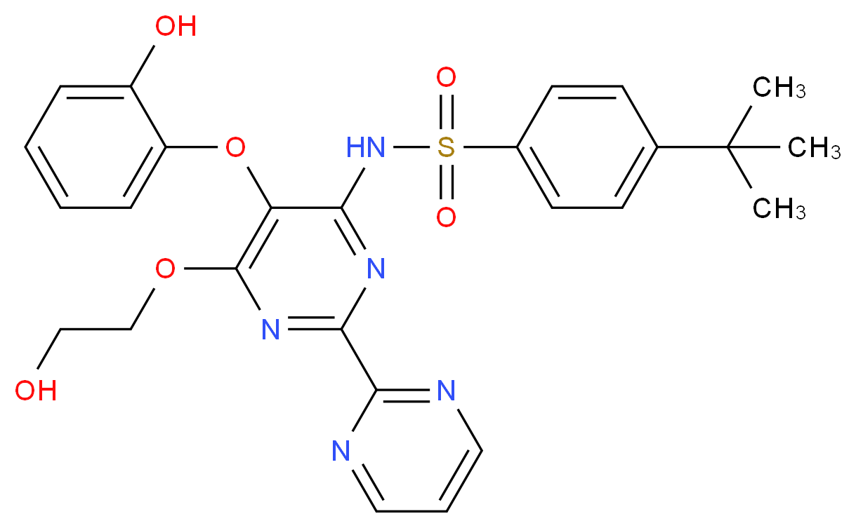 4-tert-butyl-N-[6-(2-hydroxyethoxy)-5-(2-hydroxyphenoxy)-2-(pyrimidin-2-yl)pyrimidin-4-yl]benzene-1-sulfonamide_分子结构_CAS_253688-61-8