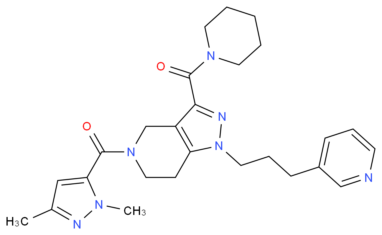 5-[(1,3-dimethyl-1H-pyrazol-5-yl)carbonyl]-3-(1-piperidinylcarbonyl)-1-[3-(3-pyridinyl)propyl]-4,5,6,7-tetrahydro-1H-pyrazolo[4,3-c]pyridine_分子结构_CAS_)