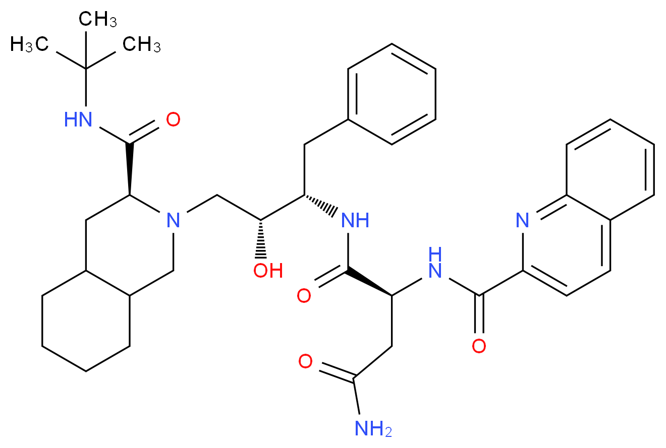 (2S)-N-[(2S,3R)-4-[(3S)-3-(tert-butylcarbamoyl)-decahydroisoquinolin-2-yl]-3-hydroxy-1-phenylbutan-2-yl]-2-(quinolin-2-ylformamido)butanediamide_分子结构_CAS_127779-20-8