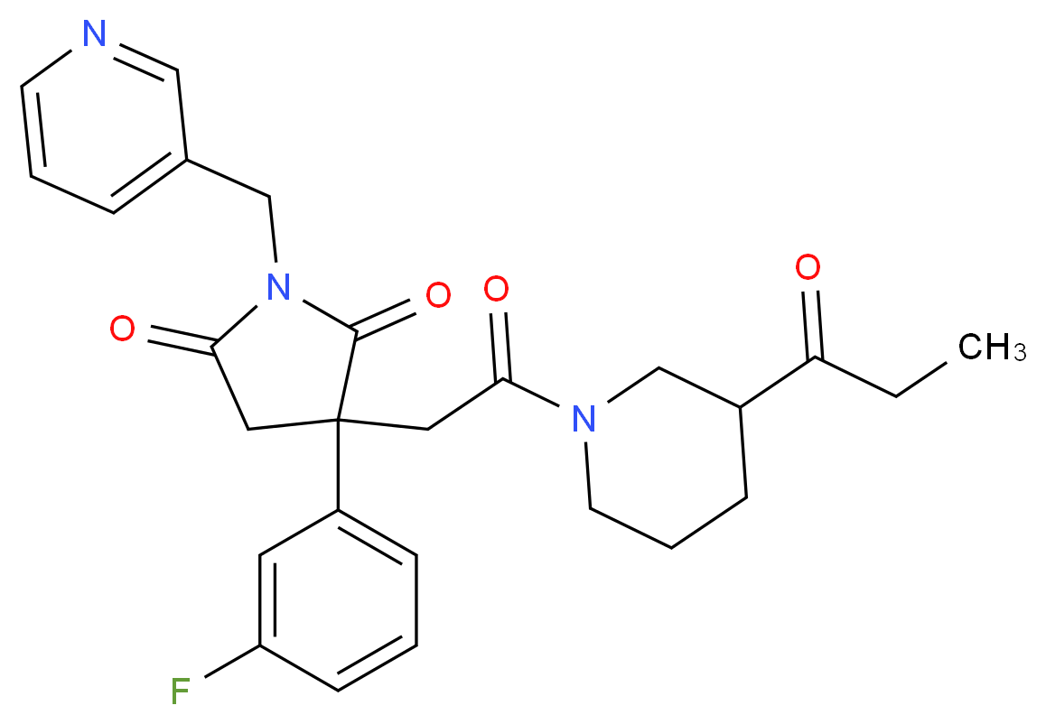 3-(3-fluorophenyl)-3-[2-oxo-2-(3-propionyl-1-piperidinyl)ethyl]-1-(3-pyridinylmethyl)-2,5-pyrrolidinedione_分子结构_CAS_)