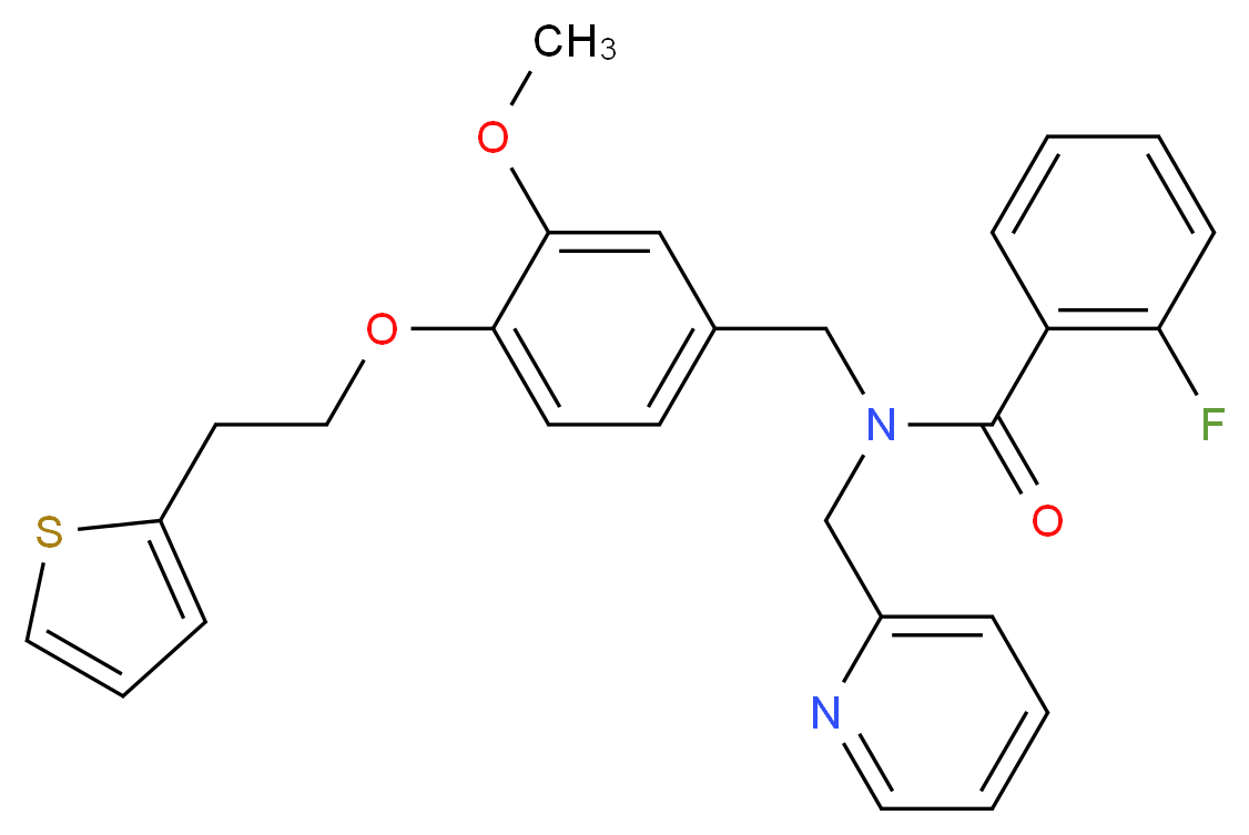 2-fluoro-N-{3-methoxy-4-[2-(2-thienyl)ethoxy]benzyl}-N-(2-pyridinylmethyl)benzamide_分子结构_CAS_)
