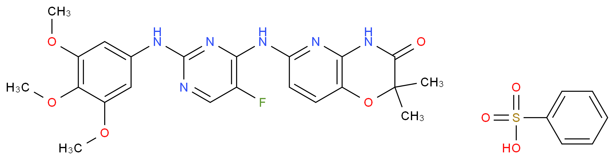 6-({5-fluoro-2-[(3,4,5-trimethoxyphenyl)amino]pyrimidin-4-yl}amino)-2,2-dimethyl-2H,3H,4H-pyrido[3,2-b][1,4]oxazin-3-one; benzenesulfonic acid_分子结构_CAS_841290-81-1