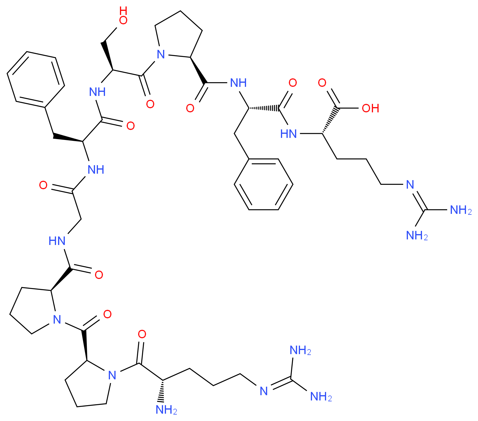 (2S)-2-[(2S)-2-{[(2S)-1-[(2S)-2-[(2S)-2-(2-{[(2S)-1-[(2S)-1-[(2S)-2-amino-5-[(diaminomethylidene)amino]pentanoyl]pyrrolidine-2-carbonyl]pyrrolidin-2-yl]formamido}acetamido)-3-phenylpropanamido]-3-hydroxypropanoyl]pyrrolidin-2-yl]formamido}-3-phenylpropanamido]-5-[(diaminomethylidene)amino]pentanoic acid_分子结构_CAS_58-82-2
