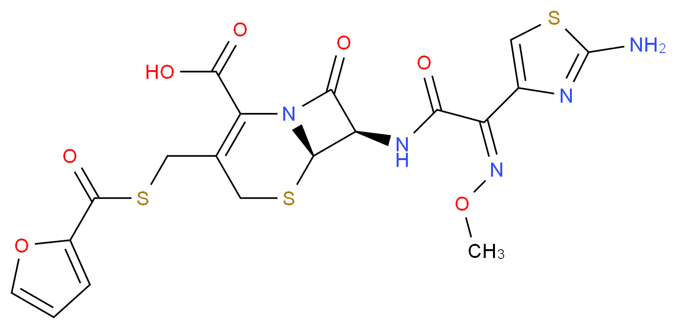 (6R,7R)-7-[(2Z)-2-(2-amino-1,3-thiazol-4-yl)-2-(methoxyimino)acetamido]-3-[(furan-2-carbonylsulfanyl)methyl]-8-oxo-5-thia-1-azabicyclo[4.2.0]oct-2-ene-2-carboxylic acid_分子结构_CAS_80370-57-6