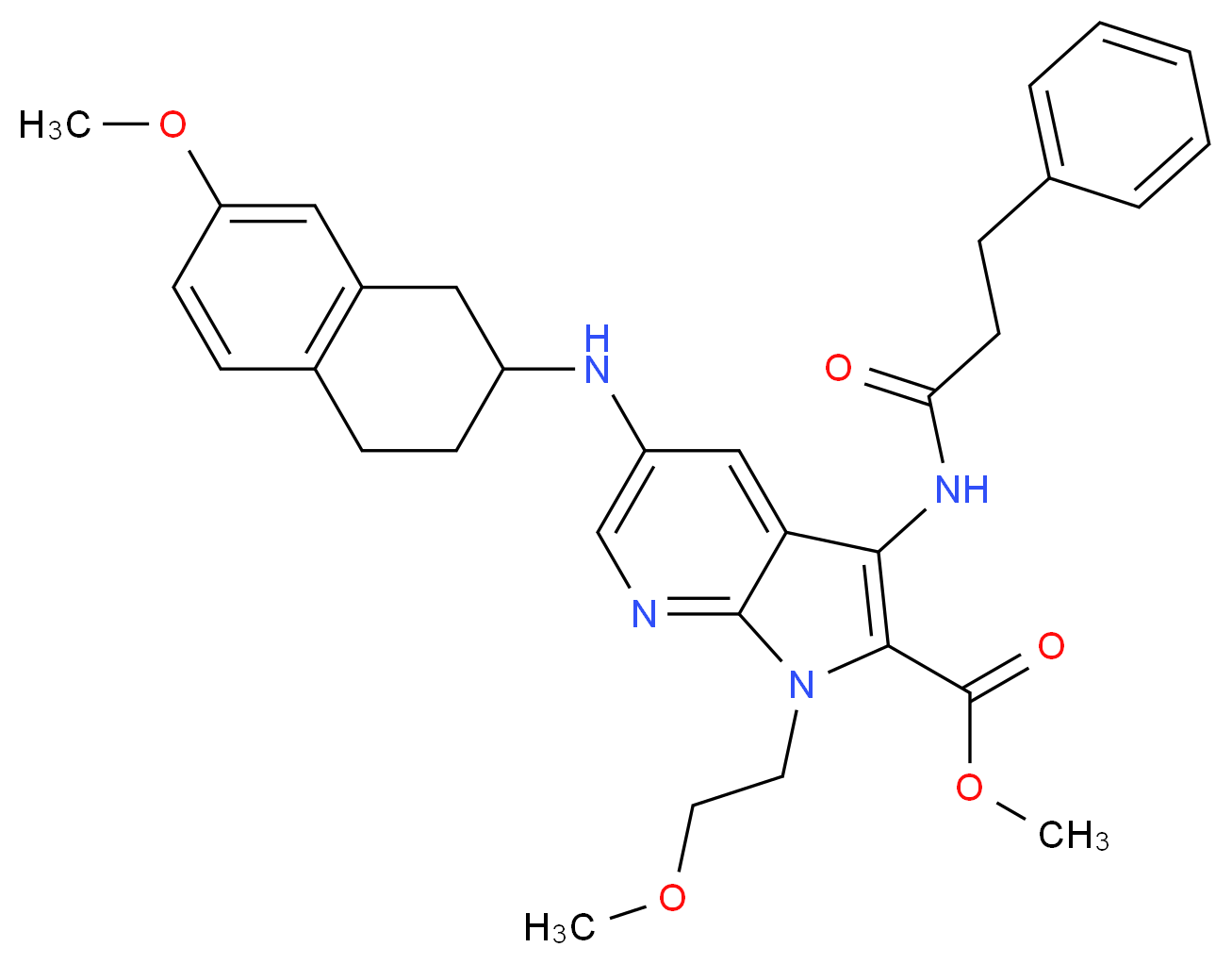 methyl 1-(2-methoxyethyl)-5-[(7-methoxy-1,2,3,4-tetrahydro-2-naphthalenyl)amino]-3-[(3-phenylpropanoyl)amino]-1H-pyrrolo[2,3-b]pyridine-2-carboxylate_分子结构_CAS_)