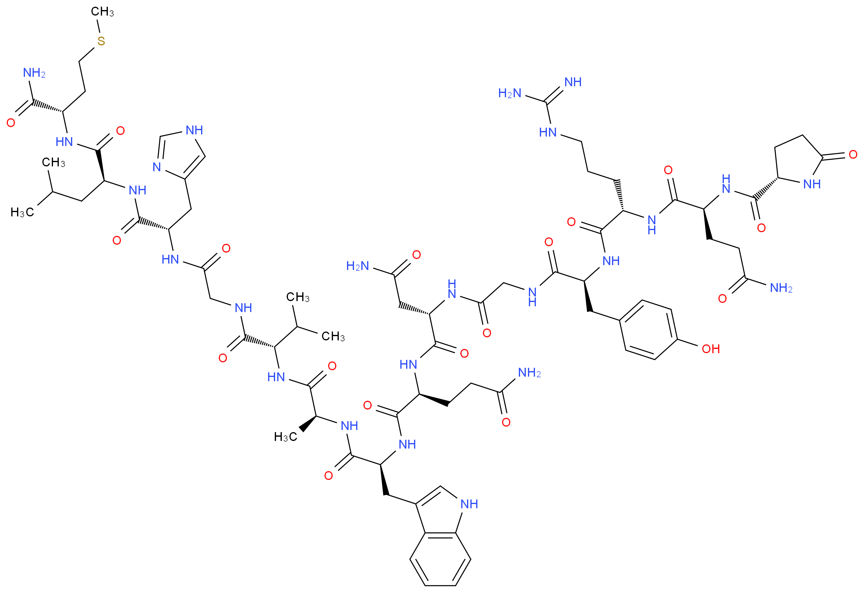 (2S)-2-[(2S)-2-{2-[(2S)-2-[(2S)-5-carbamimidamido-2-[(2S)-4-carbamoyl-2-{[(2S)-5-oxopyrrolidin-2-yl]formamido}butanamido]pentanamido]-3-(4-hydroxyphenyl)propanamido]acetamido}-3-carbamoylpropanamido]-N-[(1S)-1-{[(1S)-1-{[(1S)-1-[({[(1S)-1-{[(1S)-1-{[(1S)-1-carbamoyl-3-(methylsulfanyl)propyl]carbamoyl}-3-methylbutyl]carbamoyl}-2-(1H-imidazol-4-yl)ethyl]carbamoyl}methyl)carbamoyl]-2-methylpropyl]carbamoyl}ethyl]carbamoyl}-2-(1H-indol-3-yl)ethyl]pentanediamide_分子结构_CAS_67338-70-9