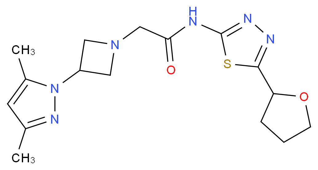 2-[3-(3,5-dimethyl-1H-pyrazol-1-yl)azetidin-1-yl]-N-[5-(tetrahydrofuran-2-yl)-1,3,4-thiadiazol-2-yl]acetamide_分子结构_CAS_)