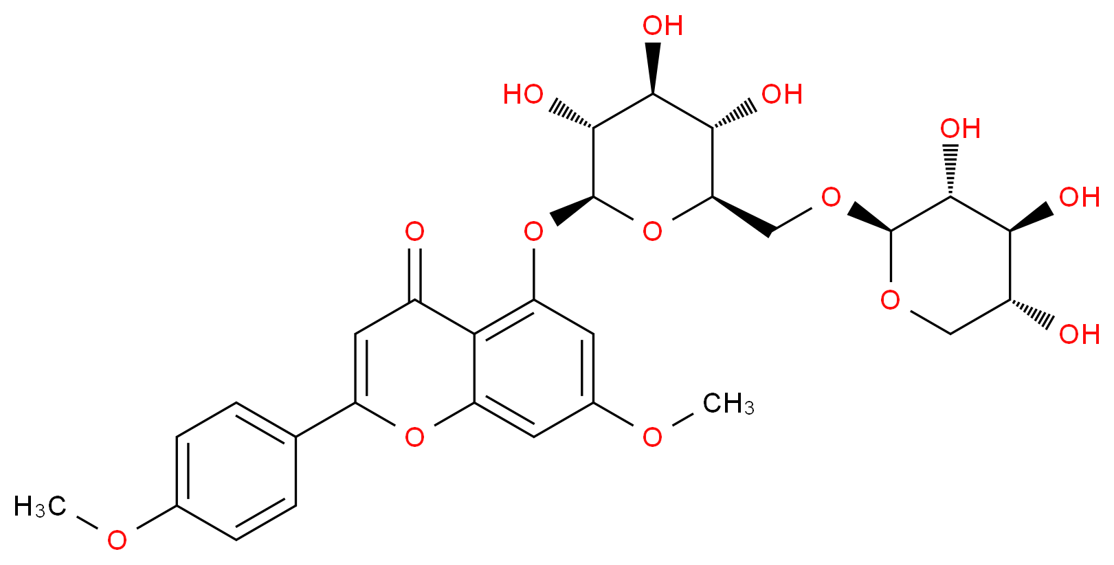 7-methoxy-2-(4-methoxyphenyl)-5-{[(2S,3R,4S,5S,6R)-3,4,5-trihydroxy-6-({[(2S,3R,4S,5R)-3,4,5-trihydroxyoxan-2-yl]oxy}methyl)oxan-2-yl]oxy}-4H-chromen-4-one_分子结构_CAS_221257-06-3