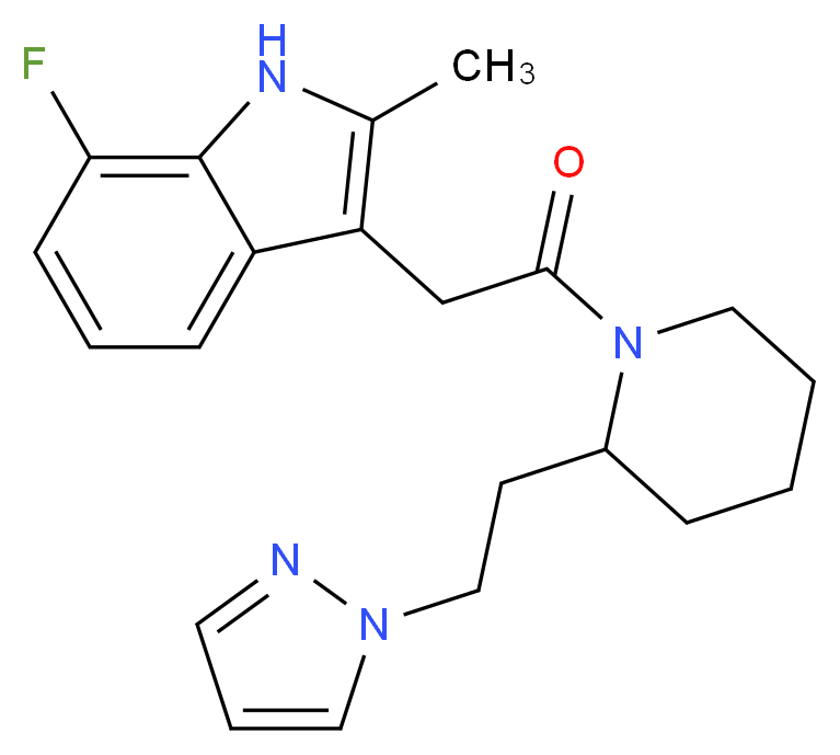 7-fluoro-2-methyl-3-(2-oxo-2-{2-[2-(1H-pyrazol-1-yl)ethyl]-1-piperidinyl}ethyl)-1H-indole_分子结构_CAS_)