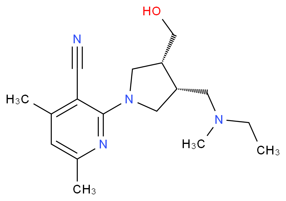 2-[(3R*,4R*)-3-{[ethyl(methyl)amino]methyl}-4-(hydroxymethyl)pyrrolidin-1-yl]-4,6-dimethylnicotinonitrile_分子结构_CAS_)