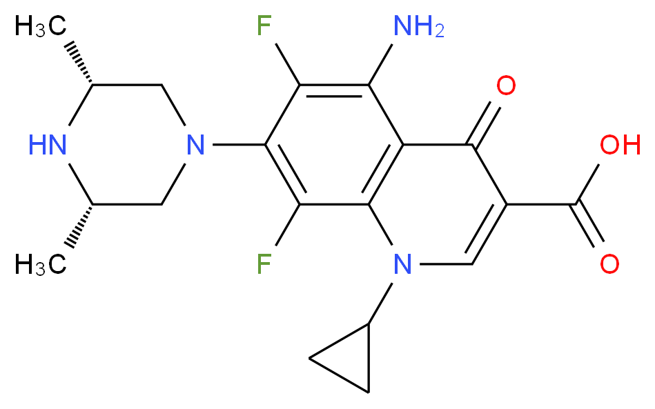 5-amino-1-cyclopropyl-7-[(3R,5S)-3,5-dimethylpiperazin-1-yl]-6,8-difluoro-4-oxo-1,4-dihydroquinoline-3-carboxylic acid_分子结构_CAS_110871-86-8