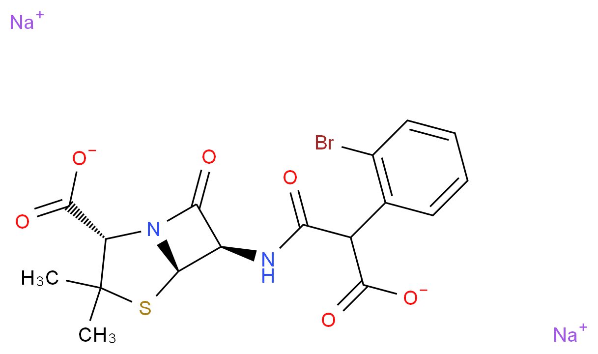 disodium (2S,5R,6R)-6-[2-(2-bromophenyl)-2-carboxylatoacetamido]-3,3-dimethyl-7-oxo-4-thia-1-azabicyclo[3.2.0]heptane-2-carboxylate_分子结构_CAS_59530-63-1