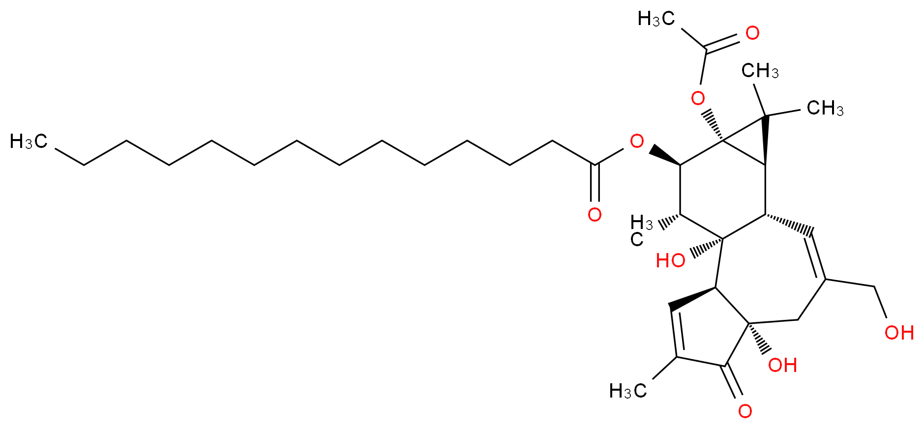 (1S,2S,6S,10S,11R,13S,14R,15R)-13-(acetyloxy)-1,6-dihydroxy-8-(hydroxymethyl)-4,12,12,15-tetramethyl-5-oxotetracyclo[8.5.0.0<sup>2</sup>,<sup>6</sup>.0<sup>1</sup><sup>1</sup>,<sup>1</sup><sup>3</sup>]pentadeca-3,8-dien-14-yl tetradecanoate_分子结构_CAS_63597-44-4