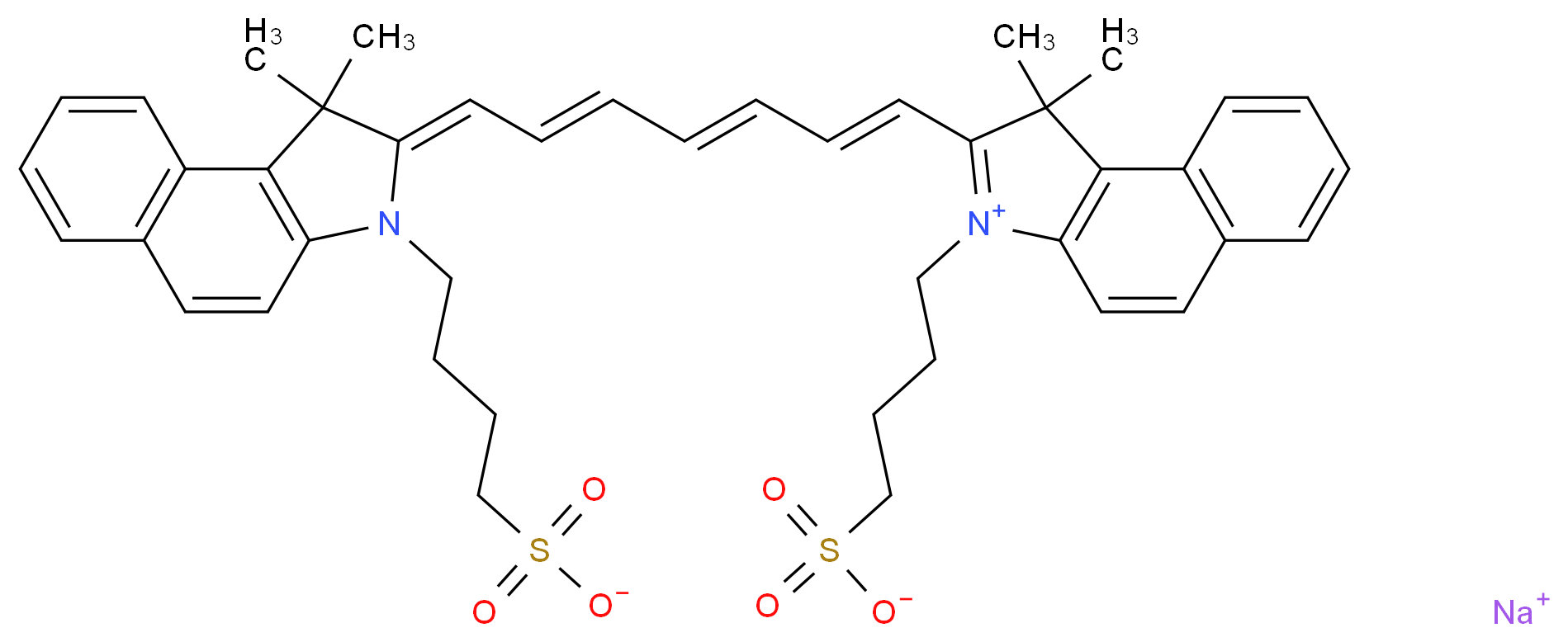 sodium 2-[(1E,3E,5E)-7-[(2Z)-1,1-dimethyl-3-(4-sulfonatobutyl)-1H,2H,3H-benzo[e]indol-2-ylidene]hepta-1,3,5-trien-1-yl]-1,1-dimethyl-3-(4-sulfonatobutyl)-1H-benzo[e]indol-3-ium_分子结构_CAS_3599-32-4