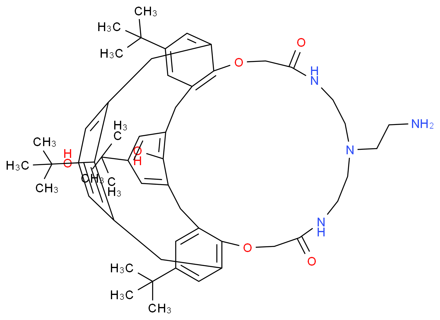 9-(2-aminoethyl)-19,25,31,36-tetra-tert-butyl-40,41-dihydroxy-3,15-dioxa-6,9,12-triazahexacyclo[15.15.7.1<sup>2</sup><sup>3</sup>,<sup>2</sup><sup>7</sup>.1<sup>3</sup><sup>4</sup>,<sup>3</sup><sup>8</sup>.0<sup>2</sup>,<sup>2</sup><sup>9</sup>.0<sup>1</sup><sup>6</sup>,<sup>2</sup><sup>1</sup>]hentetraconta-1,16(21),17,19,23(41),24,26,29,31,34(40),35,37-dodecaene-5,13-dione_分子结构_CAS_1000849-91-1