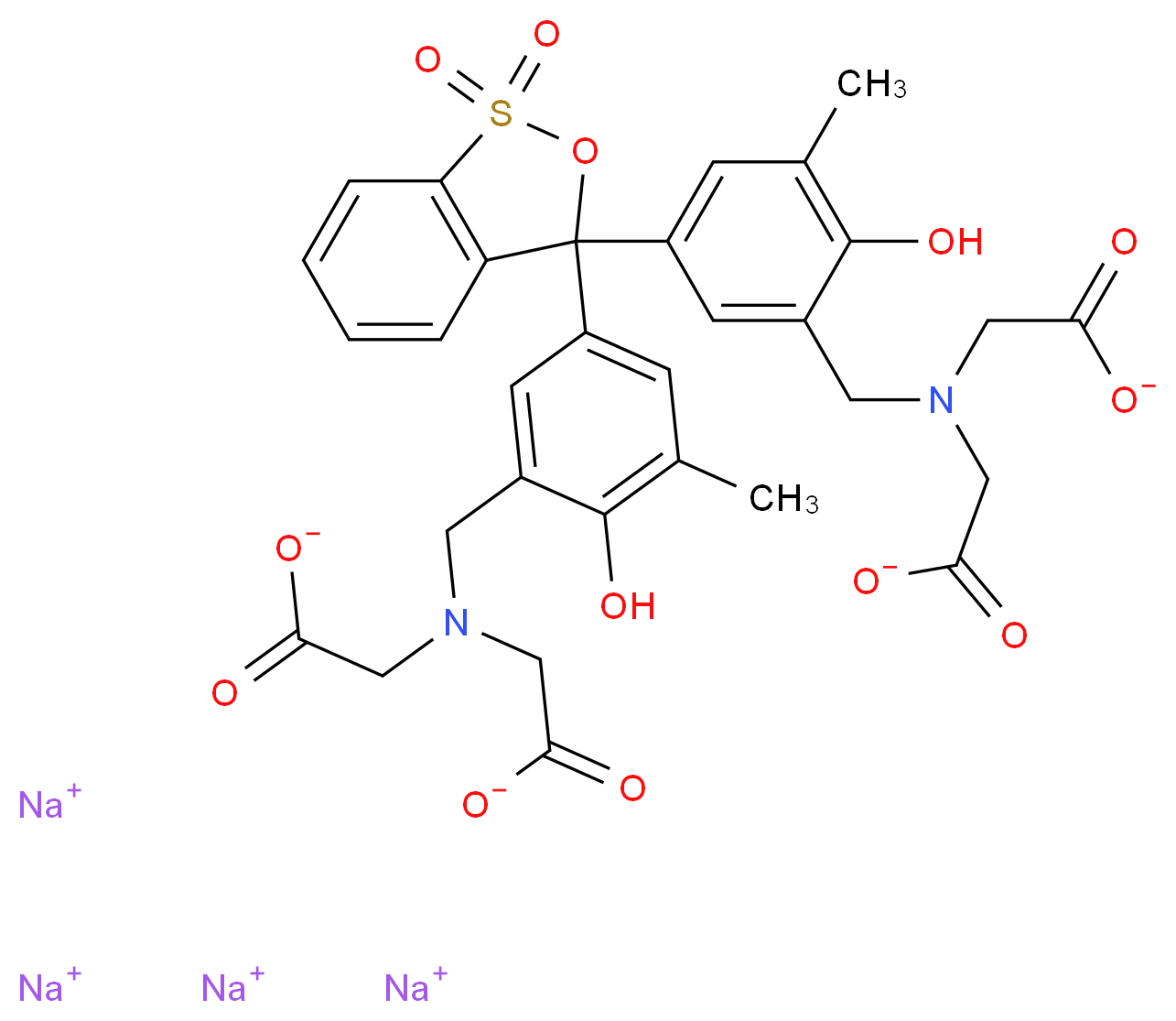 tetrasodium 2-[({5-[3-(3-{[bis(carboxylatomethyl)amino]methyl}-4-hydroxy-5-methylphenyl)-1,1-dioxo-3H-2,1λ<sup>6</sup>-benzoxathiol-3-yl]-2-hydroxy-3-methylphenyl}methyl)(carboxylatomethyl)amino]acetate_分子结构_CAS_3618-43-7