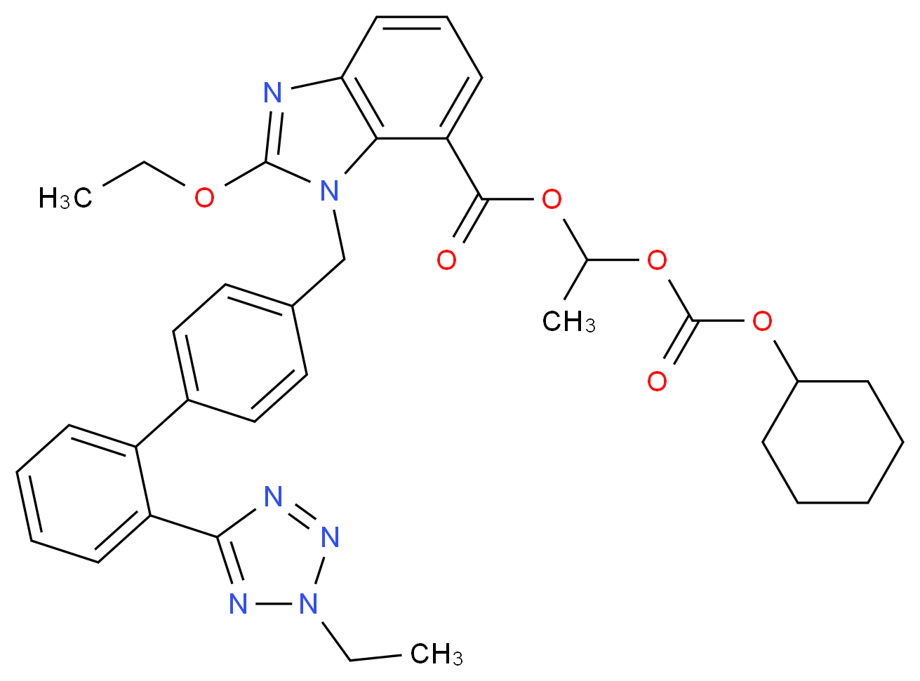 1-{[(cyclohexyloxy)carbonyl]oxy}ethyl 2-ethoxy-1-({4-[2-(2-ethyl-2H-1,2,3,4-tetrazol-5-yl)phenyl]phenyl}methyl)-1H-1,3-benzodiazole-7-carboxylate_分子结构_CAS_914613-36-8
