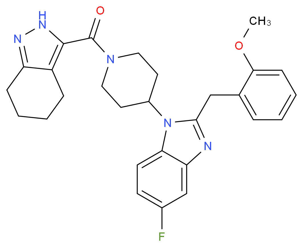 3-({4-[5-fluoro-2-(2-methoxybenzyl)-1H-benzimidazol-1-yl]-1-piperidinyl}carbonyl)-4,5,6,7-tetrahydro-2H-indazole_分子结构_CAS_)