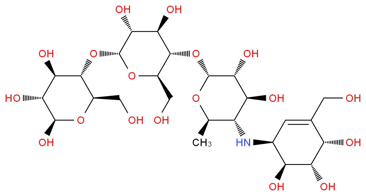 (2R,3R,4R,5S,6R)-5-{[(2R,3R,4R,5S,6R)-5-{[(2R,3R,4S,5S,6R)-3,4-dihydroxy-6-methyl-5-{[(1S,4S,5S,6S)-4,5,6-trihydroxy-3-(hydroxymethyl)cyclohex-2-en-1-yl]amino}oxan-2-yl]oxy}-3,4-dihydroxy-6-(hydroxymethyl)oxan-2-yl]oxy}-6-(hydroxymethyl)oxane-2,3,4-triol_分子结构_CAS_56180-94-0