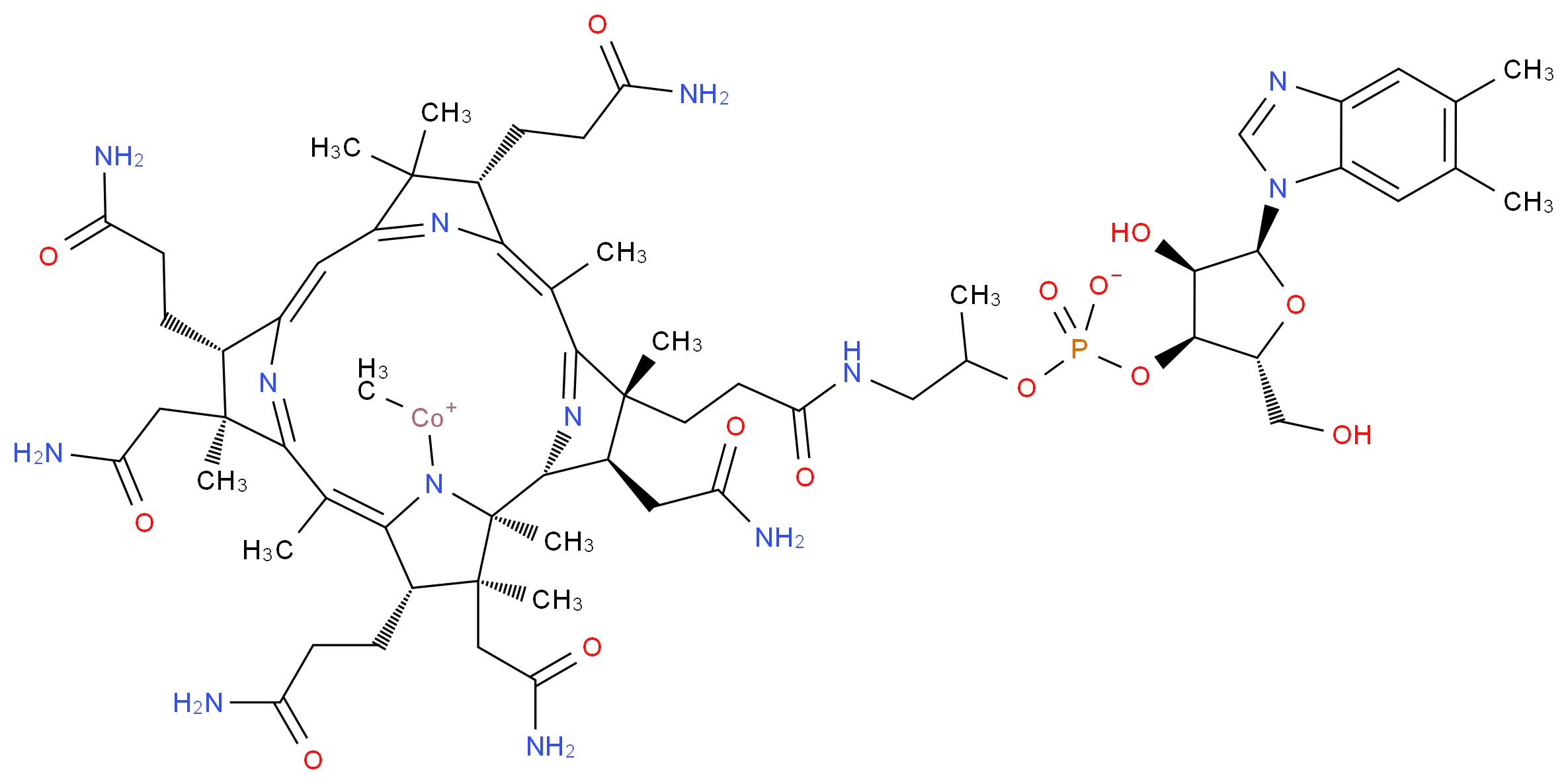 methyl[(1R,2R,3R,4R,6Z,8S,11Z,13S,14S,16E,18S,19S)-8,13,18-tris(2-carbamoylethyl)-3,14,19-tris(carbamoylmethyl)-4-{2-[(2-{[(2R,3S,4R,5S)-5-(5,6-dimethyl-1H-1,3-benzodiazol-1-yl)-4-hydroxy-2-(hydroxymethyl)oxolan-3-yl phosphonato]oxy}propyl)carbamoyl]ethyl}-1,4,6,9,9,14,16,19-octamethyl-20,21,22,23-tetraazapentacyclo[15.2.1.1<sup>2</sup>,<sup>5</sup>.1<sup>7</sup>,<sup>1</sup><sup>0</sup>.1<sup>1</sup><sup>2</sup>,<sup>1</sup><sup>5</sup>]tricosa-5(23),6,10(22),11,15(21),16-hexaen-20-yl]cobaltylium_分子结构_CAS_13422-55-4