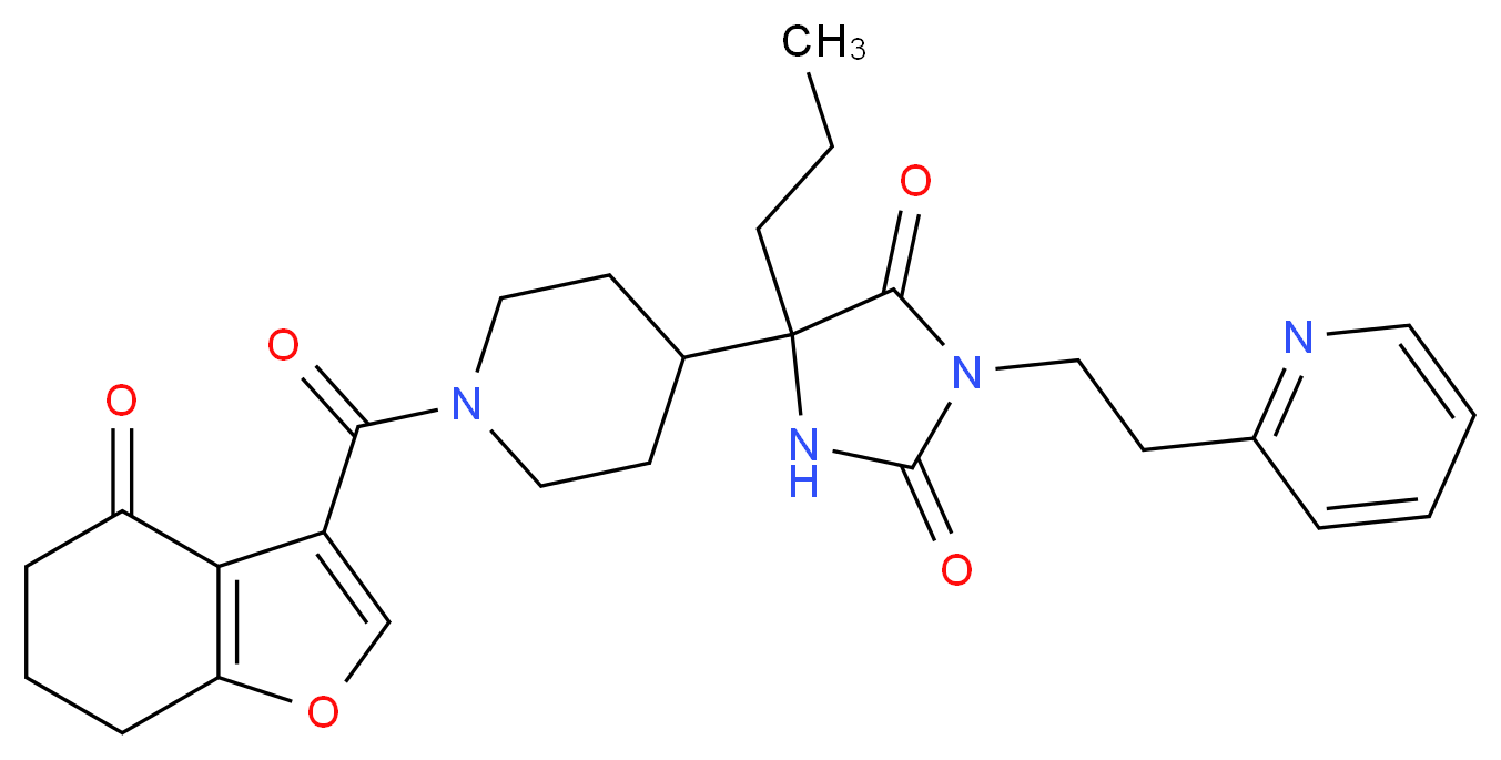 5-{1-[(4-oxo-4,5,6,7-tetrahydro-1-benzofuran-3-yl)carbonyl]-4-piperidinyl}-5-propyl-3-[2-(2-pyridinyl)ethyl]-2,4-imidazolidinedione_分子结构_CAS_)