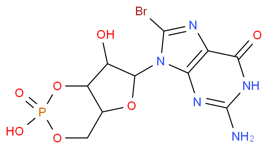 2-amino-8-bromo-9-(2,7-dihydroxy-2-oxo-hexahydro-1,3,5,2$l^{5}-furo[3,2-d][1,3,2$l^{5}]dioxaphosphinin-6-yl)-6,9-dihydro-1H-purin-6-one_分子结构_CAS_31356-94-2