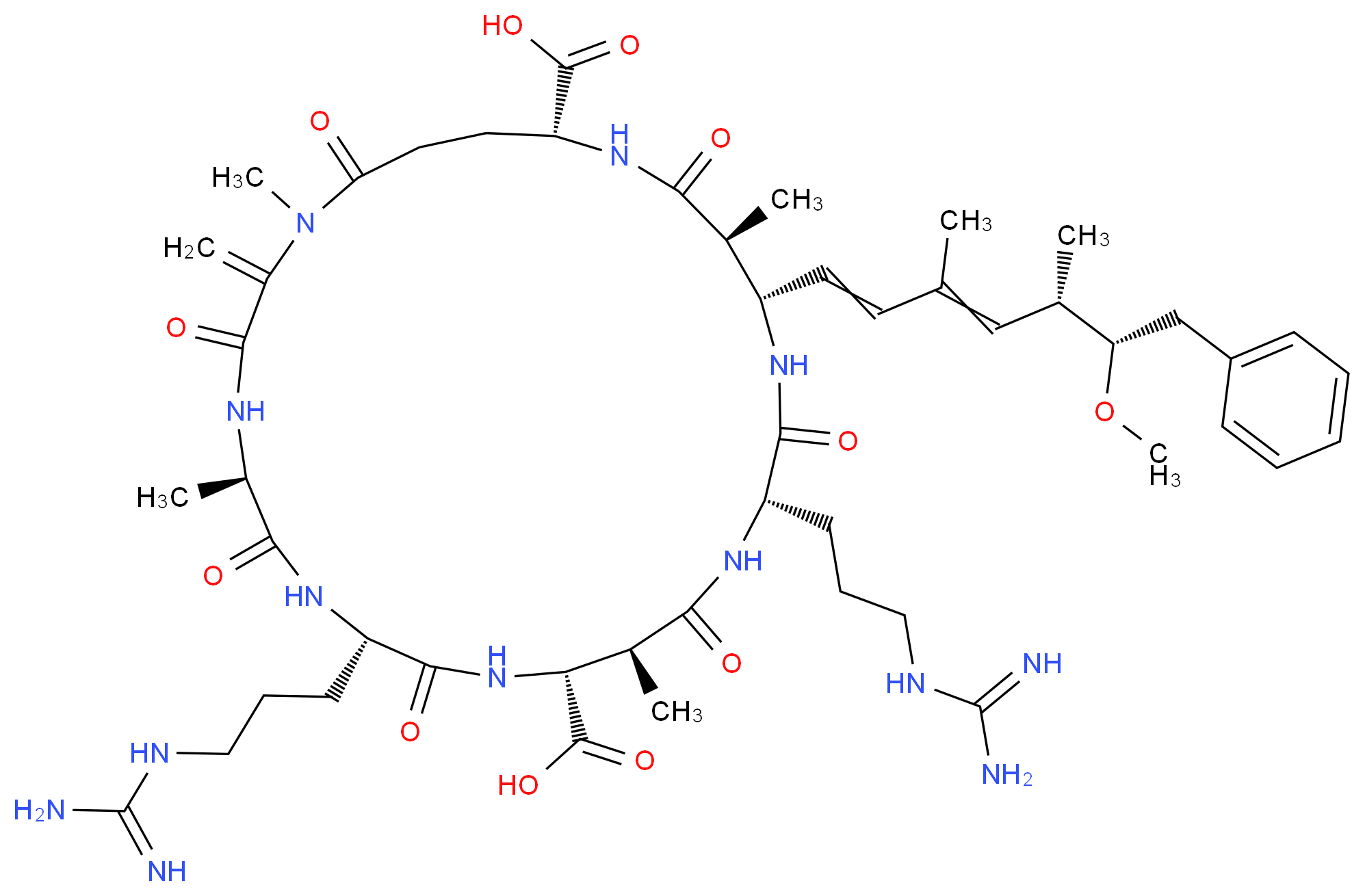 (5R,8S,11R,12S,15S,18S,19S,22R)-8,15-bis(3-carbamimidamidopropyl)-18-[(5S,6S)-6-methoxy-3,5-dimethyl-7-phenylhepta-1,3-dien-1-yl]-1,5,12,19-tetramethyl-2-methylidene-3,6,9,13,16,20,25-heptaoxo-1,4,7,10,14,17,21-heptaazacyclopentacosane-11,22-dicarboxylic acid_分子结构_CAS_111755-37-4