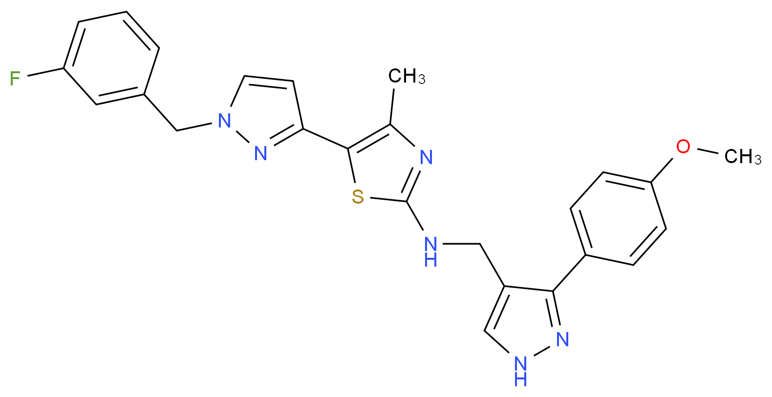 5-[1-(3-fluorobenzyl)-1H-pyrazol-3-yl]-N-{[3-(4-methoxyphenyl)-1H-pyrazol-4-yl]methyl}-4-methyl-1,3-thiazol-2-amine_分子结构_CAS_)