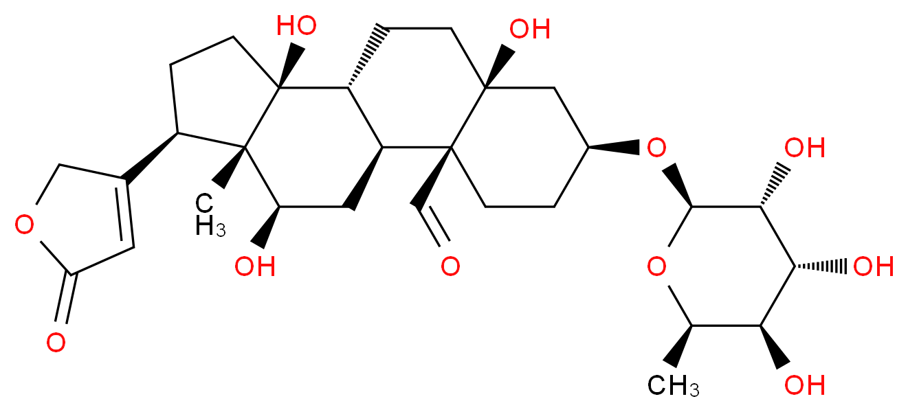 (1S,2S,5S,7S,10R,11S,14R,15S,16R)-7,11,16-trihydroxy-15-methyl-14-(5-oxo-2,5-dihydrofuran-3-yl)-5-{[(2R,3R,4R,5R,6R)-3,4,5-trihydroxy-6-methyloxan-2-yl]oxy}tetracyclo[8.7.0.0<sup>2</sup>,<sup>7</sup>.0<sup>1</sup><sup>1</sup>,<sup>1</sup><sup>5</sup>]heptadecane-2-carbaldehyde_分子结构_CAS_23605-05-2