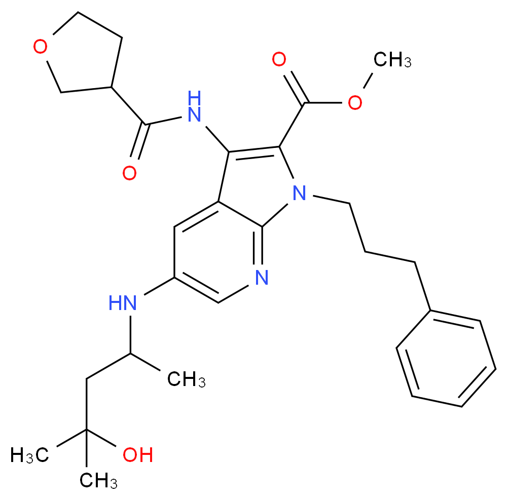 methyl 5-[(3-hydroxy-1,3-dimethylbutyl)amino]-1-(3-phenylpropyl)-3-[(tetrahydro-3-furanylcarbonyl)amino]-1H-pyrrolo[2,3-b]pyridine-2-carboxylate_分子结构_CAS_)