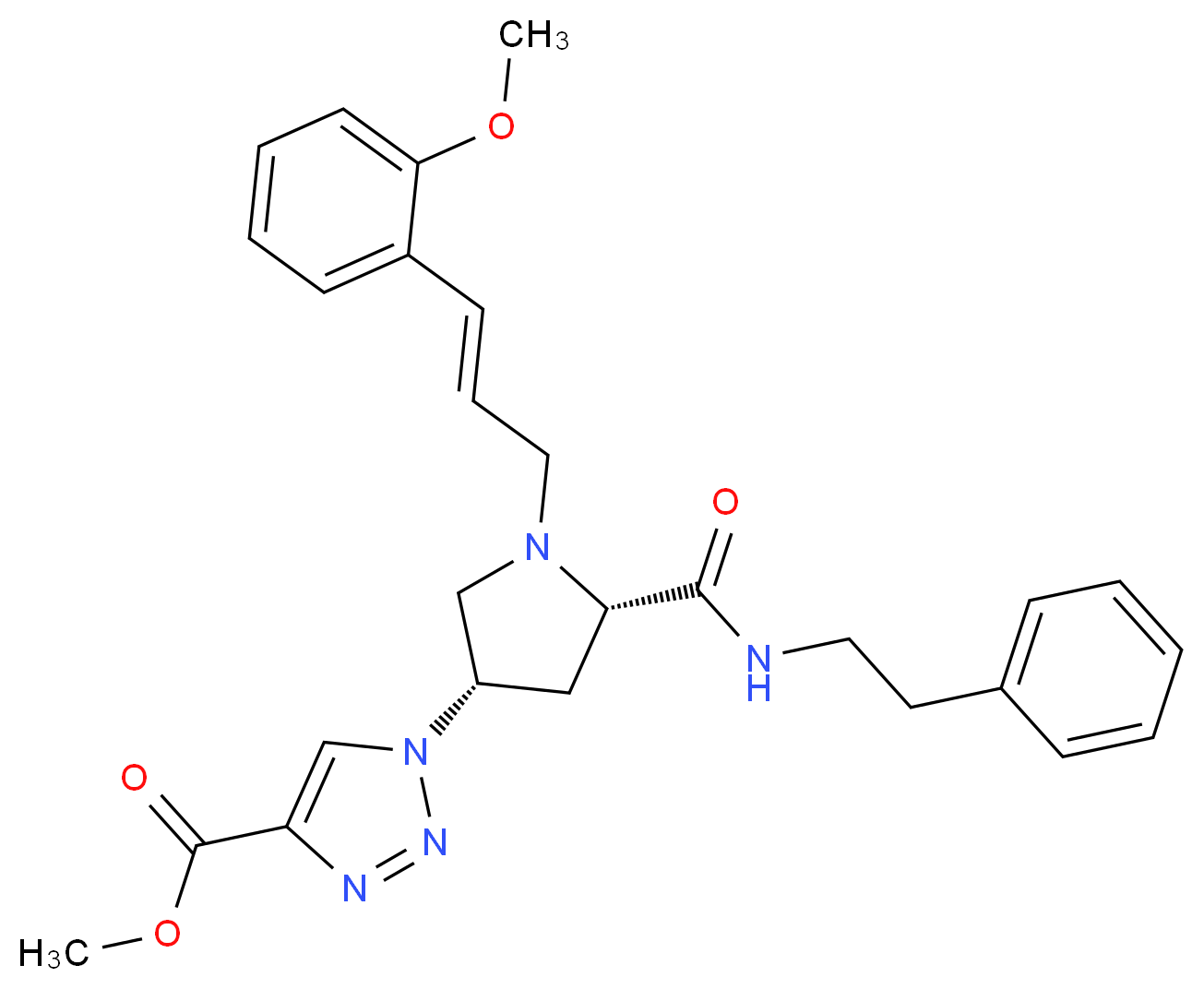 methyl 1-((3S,5S)-1-[(2E)-3-(2-methoxyphenyl)-2-propen-1-yl]-5-{[(2-phenylethyl)amino]carbonyl}-3-pyrrolidinyl)-1H-1,2,3-triazole-4-carboxylate_分子结构_CAS_)