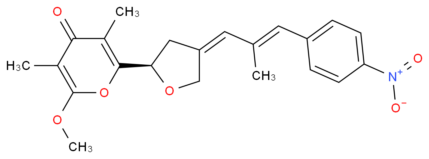 2-methoxy-3,5-dimethyl-6-[(2R,4Z)-4-[(2E)-2-methyl-3-(4-nitrophenyl)prop-2-en-1-ylidene]oxolan-2-yl]-4H-pyran-4-one_分子结构_CAS_2825-00-5