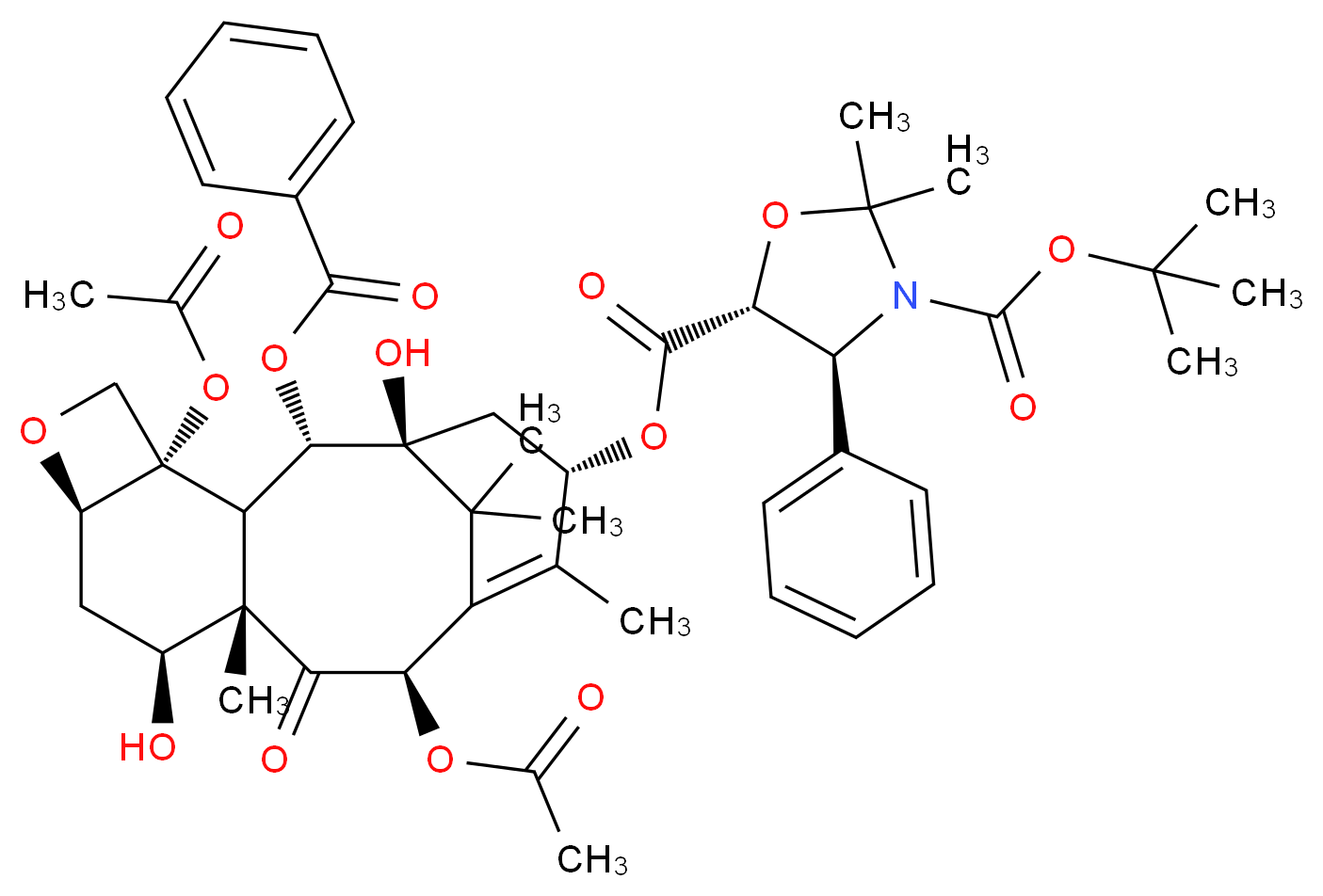 5-(1S,2S,4S,7R,9S,10S,12R,15S)-4,12-bis(acetyloxy)-2-(benzoyloxy)-1,9-dihydroxy-10,14,17,17-tetramethyl-11-oxo-6-oxatetracyclo[11.3.1.0<sup>3</sup>,<sup>1</sup><sup>0</sup>.0<sup>4</sup>,<sup>7</sup>]heptadec-13-en-15-yl 3-tert-butyl (4S,5R)-2,2-dimethyl-4-phenyl-1,3-oxazolidine-3,5-dicarboxylate_分子结构_CAS_143527-72-4