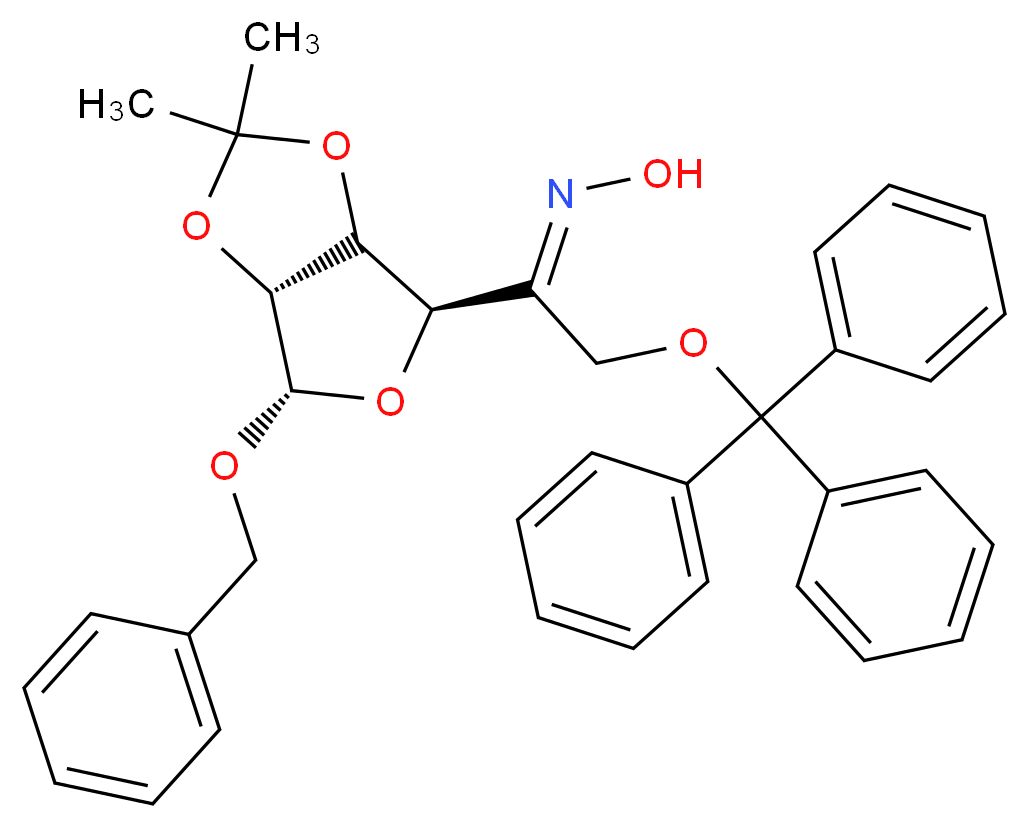 (E)-N-{1-[(4R,6S,6aR)-6-(benzyloxy)-2,2-dimethyl-tetrahydro-2H-furo[3,4-d][1,3]dioxol-4-yl]-2-(triphenylmethoxy)ethylidene}hydroxylamine_分子结构_CAS_91364-14-6