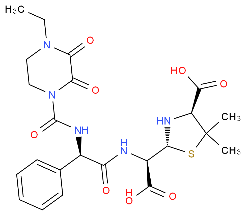 (2R,4S)-2-[(R)-carboxy[(2R)-2-[(4-ethyl-2,3-dioxopiperazine-1-carbonyl)amino]-2-phenylacetamido]methyl]-5,5-dimethyl-1,3-thiazolidine-4-carboxylic acid_分子结构_CAS_64817-22-7
