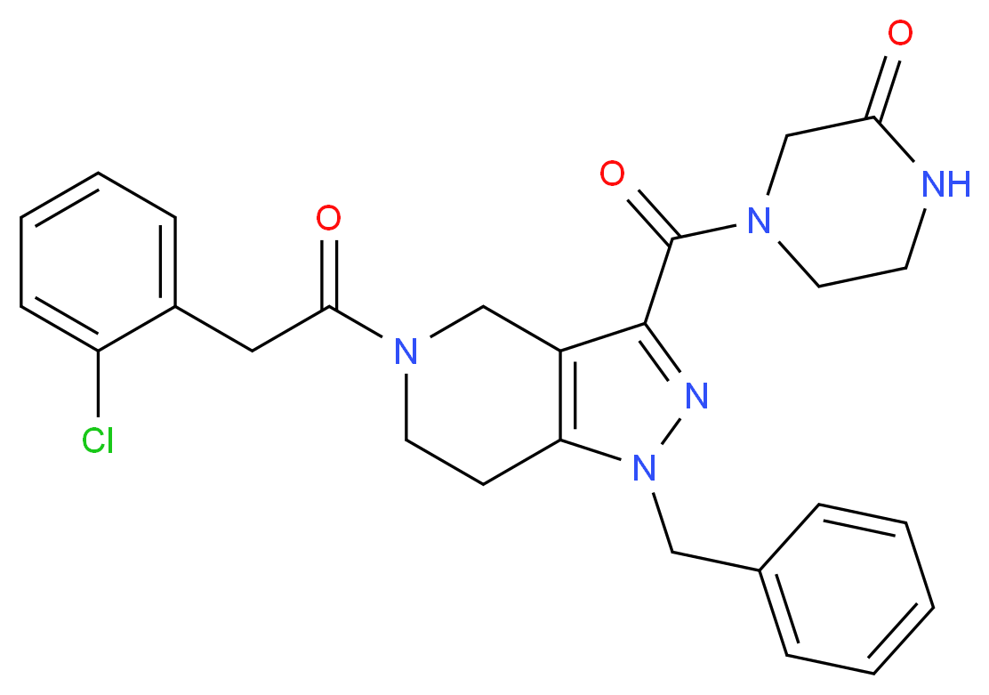 4-({1-benzyl-5-[(2-chlorophenyl)acetyl]-4,5,6,7-tetrahydro-1H-pyrazolo[4,3-c]pyridin-3-yl}carbonyl)-2-piperazinone_分子结构_CAS_)
