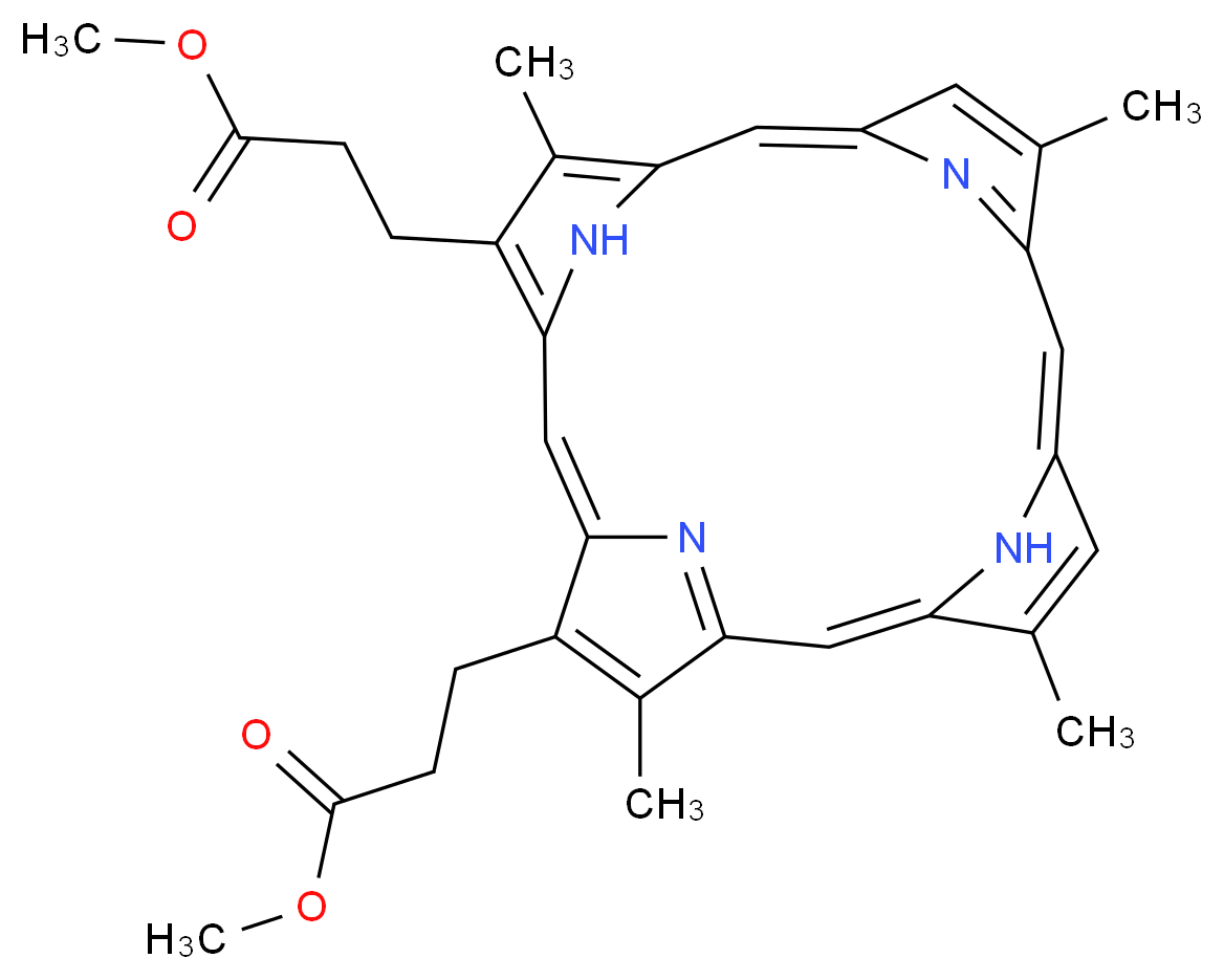 methyl 3-[20-(3-methoxy-3-oxopropyl)-5,10,15,19-tetramethyl-21,22,23,24-tetraazapentacyclo[16.2.1.1<sup>3</sup>,<sup>6</sup>.1<sup>8</sup>,<sup>1</sup><sup>1</sup>.1<sup>1</sup><sup>3</sup>,<sup>1</sup><sup>6</sup>]tetracosa-1,3,5,7,9,11(23),12,14,16,18(21),19-undecaen-4-yl]propanoate_分子结构_CAS_10589-94-3