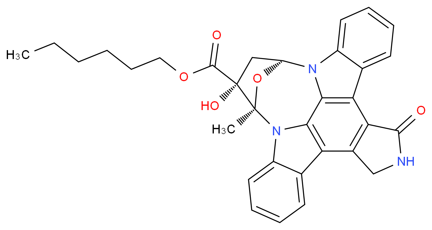 hexyl (15R,16R,18S)-16-hydroxy-15-methyl-3-oxo-28-oxa-4,14,19-triazaoctacyclo[12.11.2.1<sup>1</sup><sup>5</sup>,<sup>1</sup><sup>8</sup>.0<sup>2</sup>,<sup>6</sup>.0<sup>7</sup>,<sup>2</sup><sup>7</sup>.0<sup>8</sup>,<sup>1</sup><sup>3</sup>.0<sup>1</sup><sup>9</sup>,<sup>2</sup><sup>6</sup>.0<sup>2</sup><sup>0</sup>,<sup>2</sup><sup>5</sup>]octacosa-1(26),2(6),7(27),8,10,12,20(25),21,23-nonaene-16-carboxylate_分子结构_CAS_108068-98-0