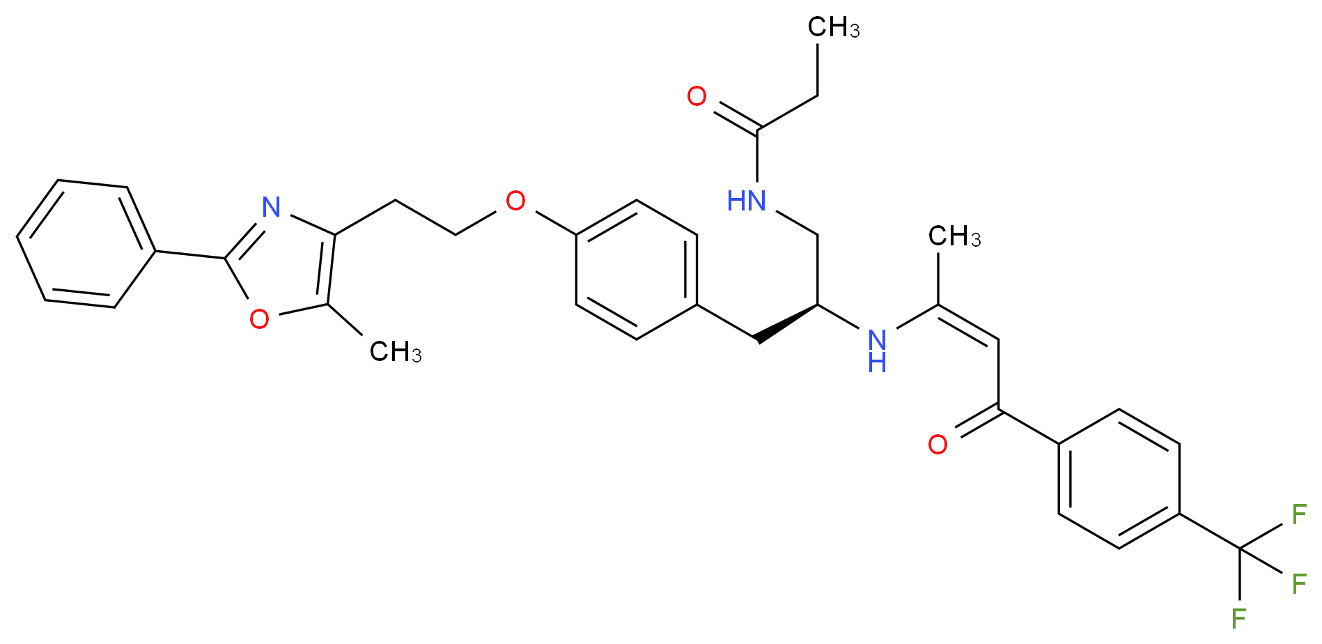 N-[(2S)-3-{4-[2-(5-methyl-2-phenyl-1,3-oxazol-4-yl)ethoxy]phenyl}-2-{[(2Z)-4-oxo-4-[4-(trifluoromethyl)phenyl]but-2-en-2-yl]amino}propyl]propanamide_分子结构_CAS_880635-03-0
